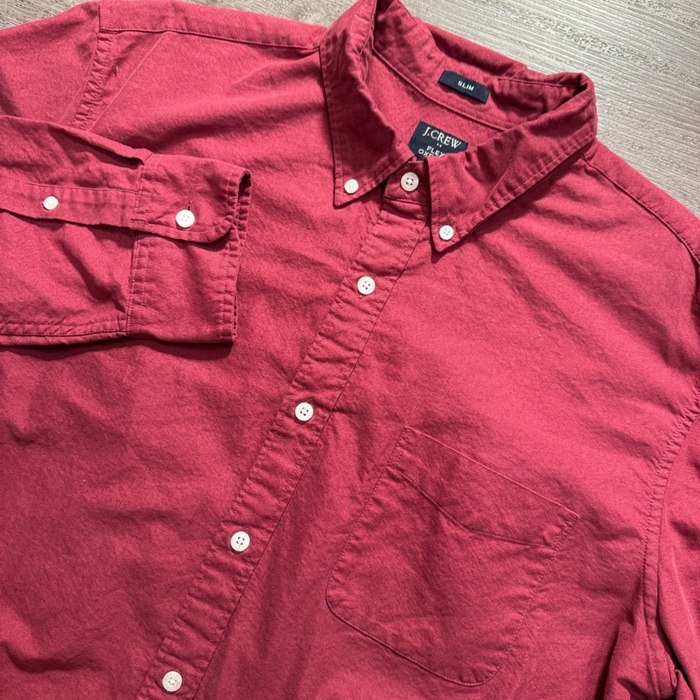 J Crew Shirt Mens XL Red 100% Cotton Slim Flex Oxford OCBD Minimalist Preppy
